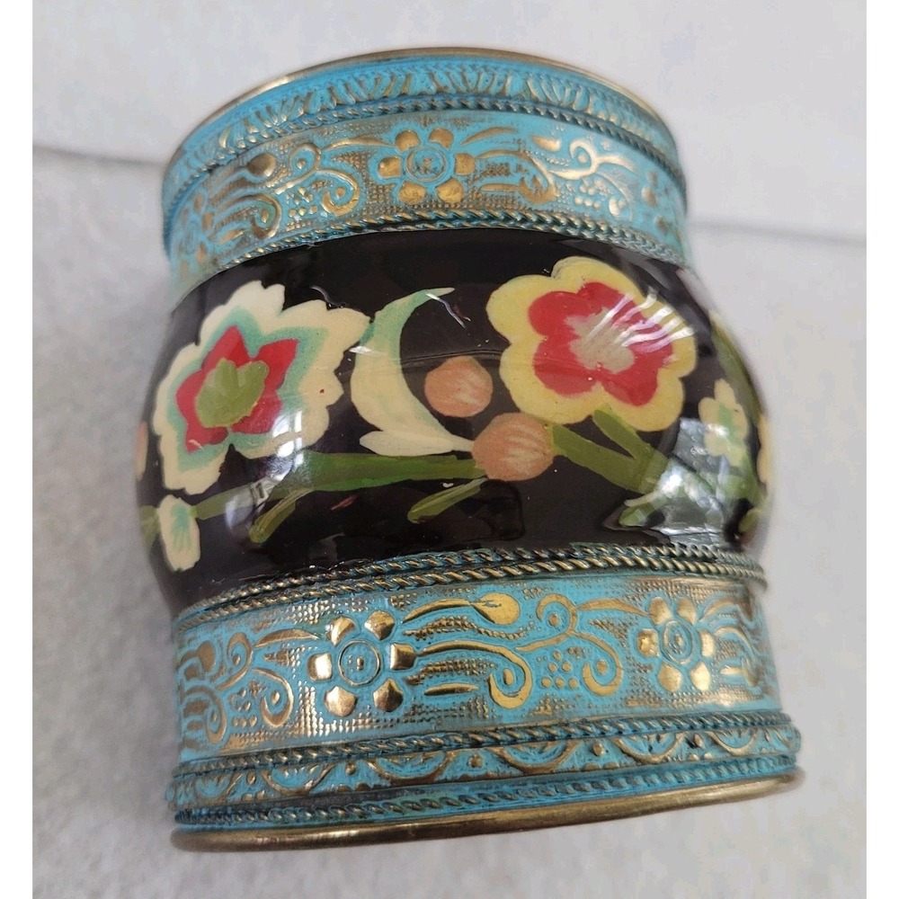 Floral Enamel Cuff Bracelet Blue Black Gold Tone Wide Statement Bangle
